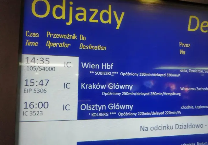 Tablica odjazdów PKP Intercity z godzinami, trasami i informacjami o opóźnieniach.