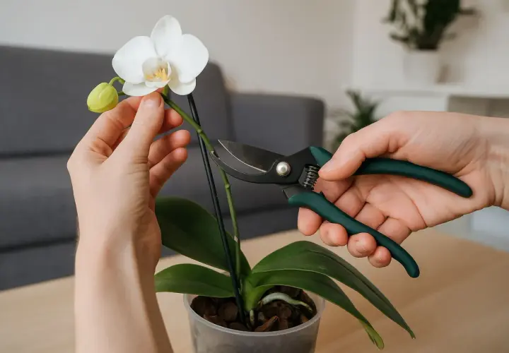 Hände schneiden mit einer Gartenschere einen Orchideen-Stiel. Eine weiße Blüte und eine Knospe sind zu sehen.