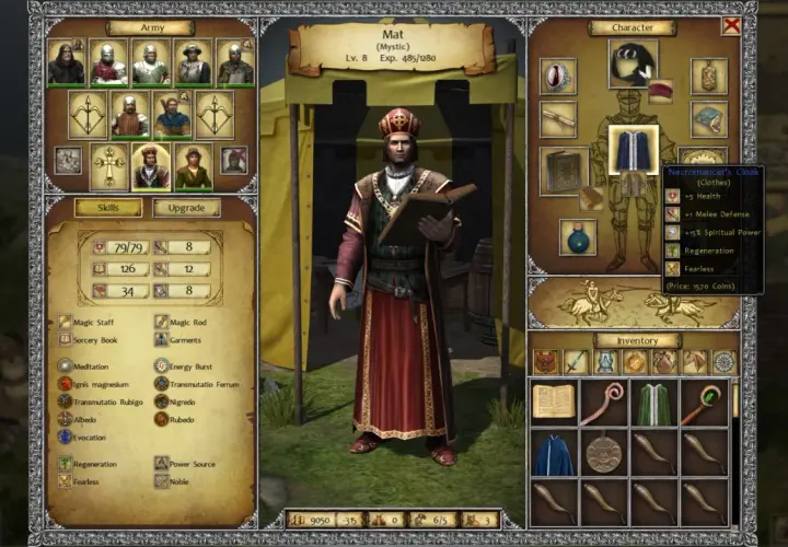 Mat, mistyk z gry Legends of Eisenwald, przygotowuje się do walki. Jego ekwipunek zawiera mroczny płaszcz nekromanty.