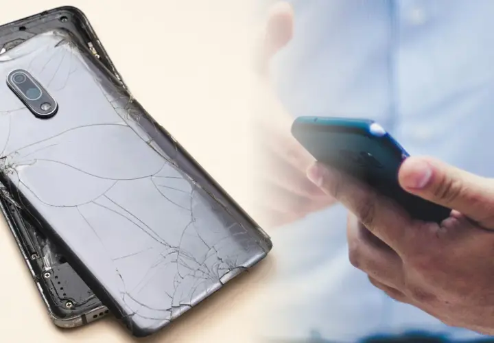 Rozbite plecy telefonu obok dłoni trzymającej sprawny smartfon. Pomyśl o ubezpieczenie telefonu, by uniknąć takich problemów.