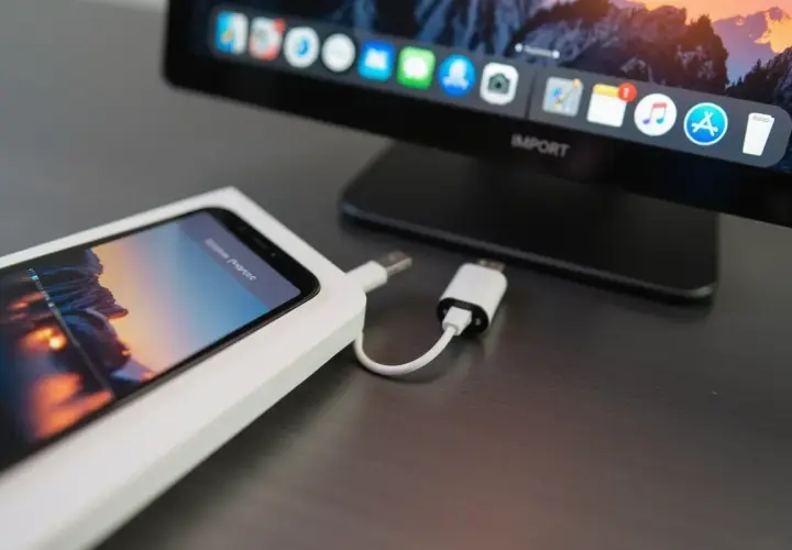 iPhone podłączony do komputera przez kabel USB. Prosty sposób, jak zgrać zdjęcia z iPhone na komputer.