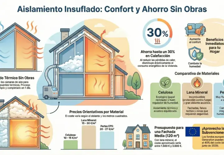 Ilustración de casas con aislamiento insuflado, mostrando cómo el aislante térmico para techos interiores mejora el confort y ahorra energía.