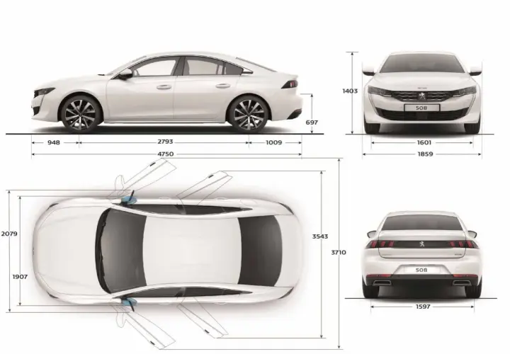 Peugeot 508 wymiary: widok z boku, przodu, tyłu i z góry z naniesionymi wymiarami. Długość 4750 mm, szerokość 1859 mm, wysokość 1403 mm.