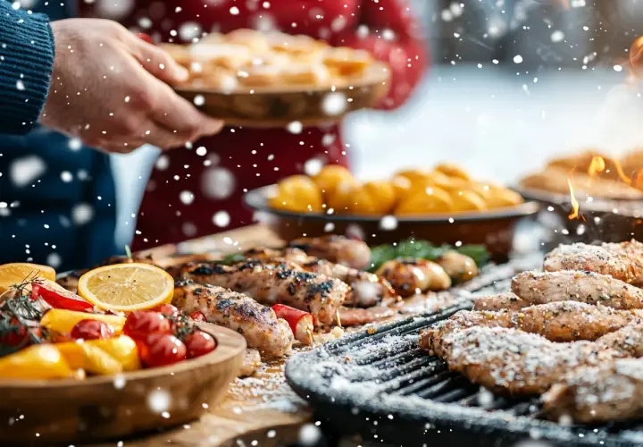 Un **barbecue de Noël** en plein air, avec des saucisses grillées, des légumes colorés et des flocons de neige tombant.