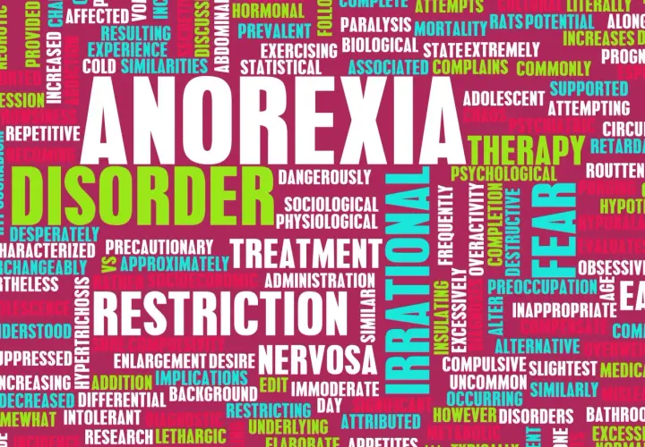 Parole chiave su anoressia nervosa: disordine, restrizione, paura, terapia, irrazionale. Un vortice di termini che descrivono questa complessa condizione.