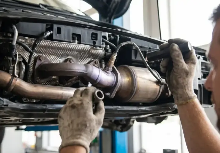 Mechanik w rękawiczkach naprawia katalizator p0420 w samochodzie.