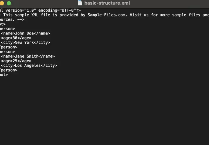 Schermata che mostra come aprire file XML con dati di persone, età e città.