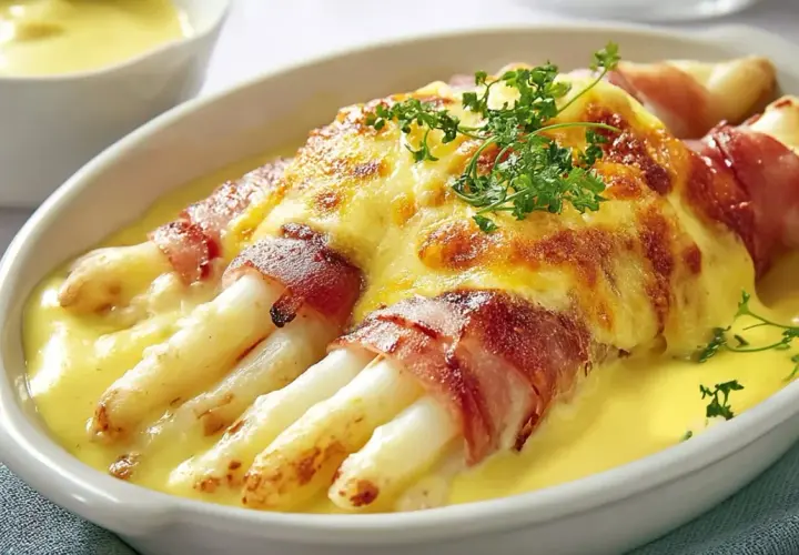Spargel in Schinken eingerollt, überbacken mit Käse und serviert in einer cremigen Sauce.