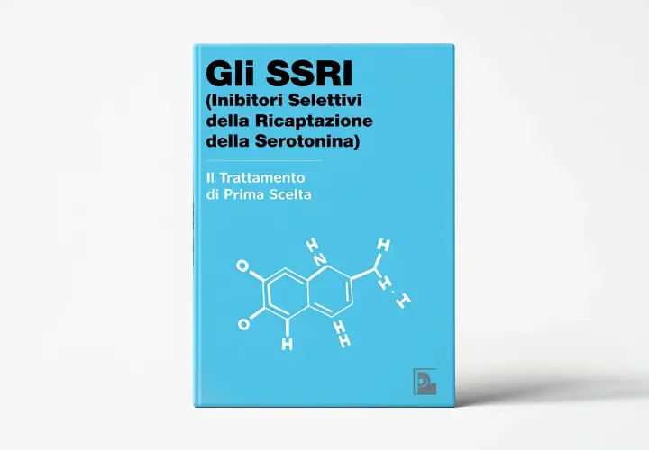 Copertina di libro blu con titolo "Gli SSRI (Inibitori Selettivi della Ricaptazione della Serotonina) - Il Trattamento di Prima Scelta". La fluoxetina a cosa serve è spiegato nel testo.