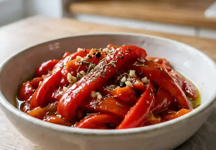 Poivrons marinés rouges, coupés en lanières, baignant dans une huile parfumée avec de l'ail et des herbes. Un délice pour accompagner vos plats.