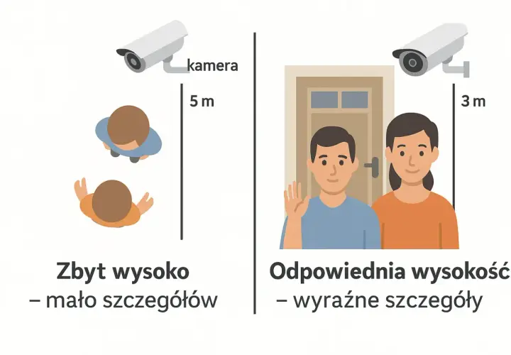 Jak rozmieścić kamery na domu: 5m to zbyt wysoko (mało szczegółów), 3m to odpowiednia wysokość (wyraźne szczegóły).