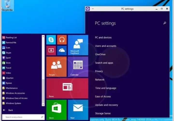 Ekran startowy Windows 9 z kafelkami aplikacji i menu ustawień PC.