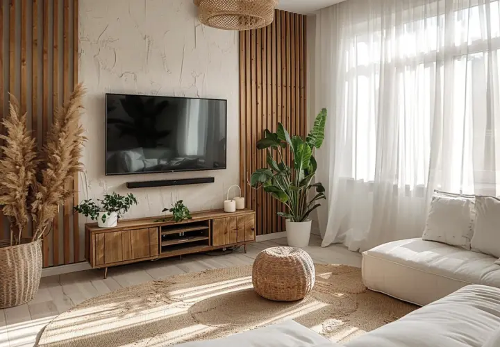 Gemütliche wohnzimmer ideen boho: Holzelemente, Pampasgras und ein beiger Teppich schaffen eine entspannte Atmosphäre.