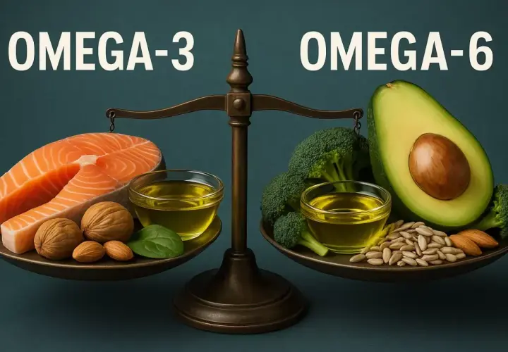 Waga pokazuje równowagę między kwasem omega 3 (łosoś, orzechy, oliwa) a omega 6 (awokado, brokuły, nasiona).