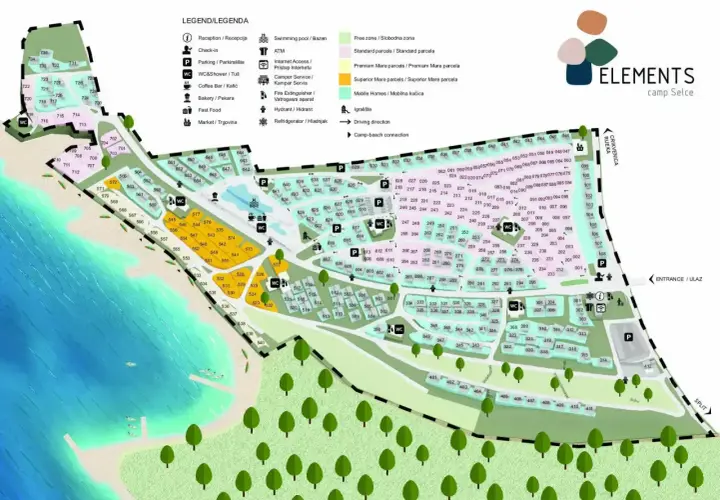 Mapa kempingu Selce: plaża, baseny, parcele standardowe i premium, domki mobilne, restauracje i inne udogodnienia. Idealne miejsce na camping Selce.