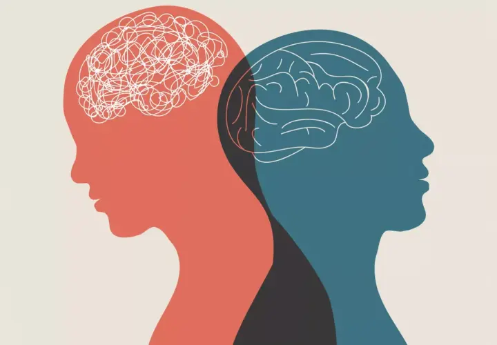 Dwa profile ludzkie, jeden z chaotycznym mózgiem, drugi z uporządkowanym. Symbolizuje to wyzwania i możliwości w studiach psychologicznych.