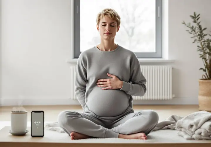 Gravid kvinna med slutna ögon sitter i lotusställning, utövar mental avslappning. En kopp ångande te och en telefon syns bredvid.