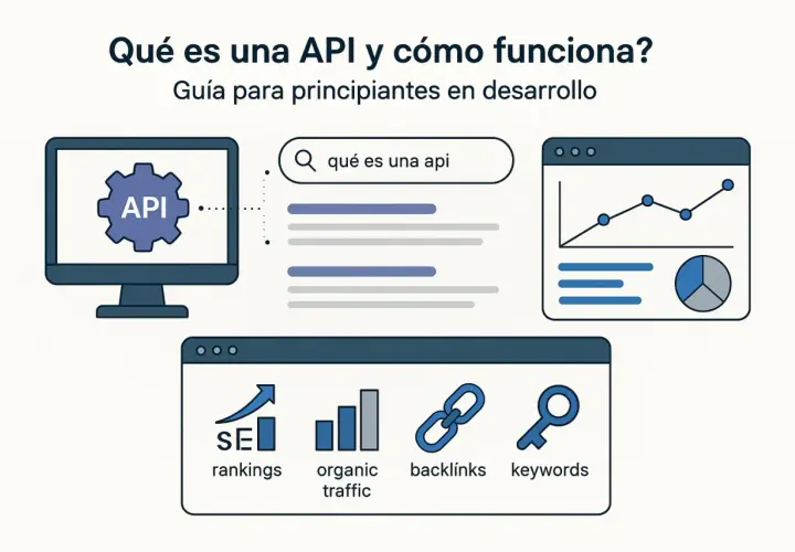 Ilustración explica qué es una API y cómo funciona, mostrando un monitor con "API", una barra de búsqueda, gráficos y elementos SEO.