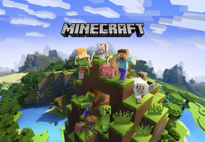 Steve, Alex, zwierzęta i potwory na tle kanciastych gór i rzeki. Pod nimi solidny **bedrock**.