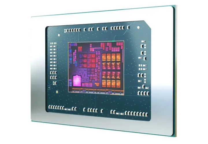 Nahaufnahme eines Prozessors, der den Ryzen 5 8600G zeigt. Die komplexen Schaltkreise leuchten in bunten Farben.