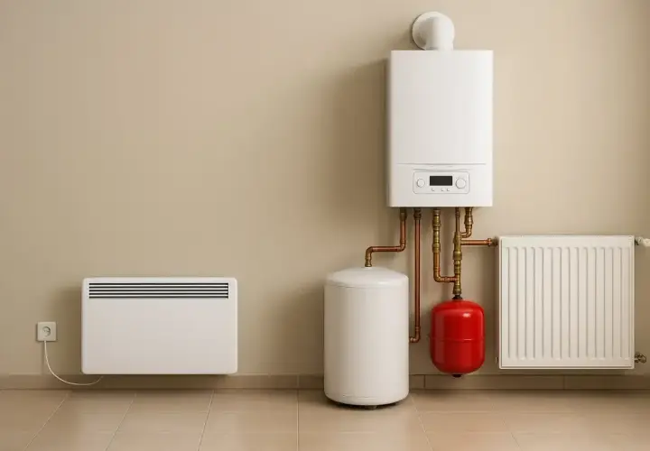 Nowoczesny system ogrzewania elektrycznego: kocioł, zasobnik, grzejnik i panel ścienny.