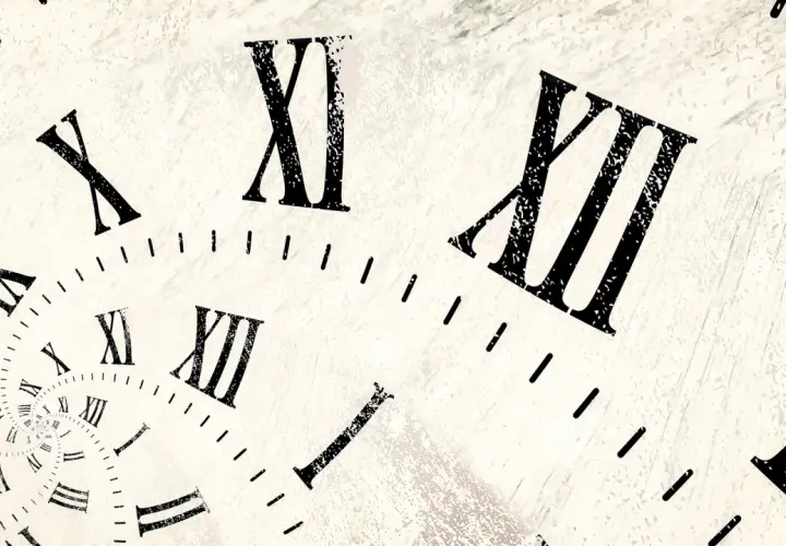 Un reloj con números romanos se retuerce en espiral, mostrando las reglas de los números romanos en un diseño abstracto y onírico.