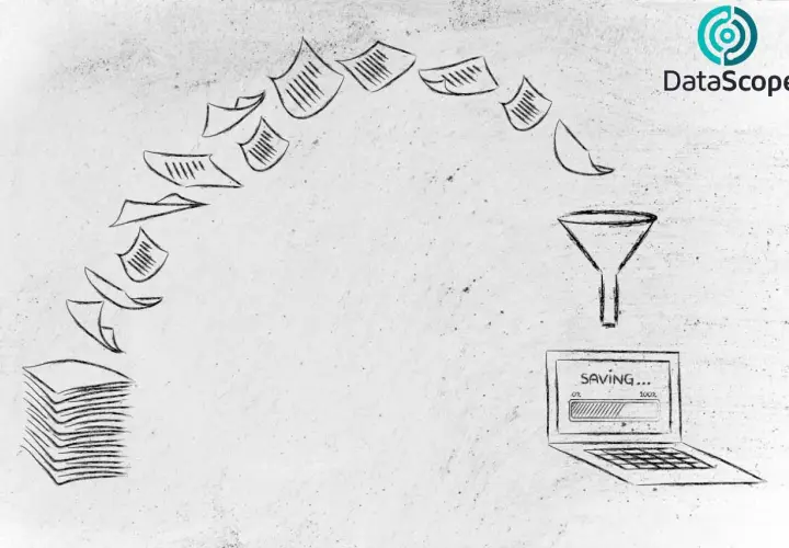Un embudo digitaliza documentos, mostrando el proceso de ahorrar papel.