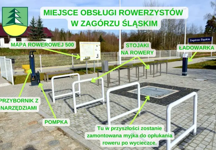 Miejsce obsługi rowerzystów w Zagórzu Śląskim: stojaki, ładowarka, pompka, przybornik z narzędziami i mapa rowerowa.