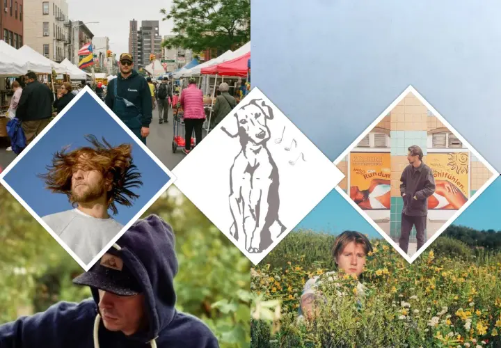 Collage de photos : homme aux cheveux roux, chien stylisé, homme devant des affiches, homme dans des fleurs, marché de rue.