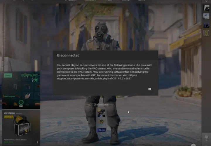 Komunikat "Disconnected: system VAC nie mógł zweryfikować sesji gry" blokuje dostęp do serwerów.