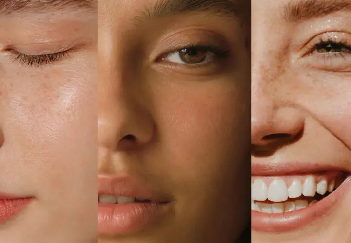 Trois visages aux teints variés, montrant comment faire son teint éclatant avec des textures de peau naturelles et douces.