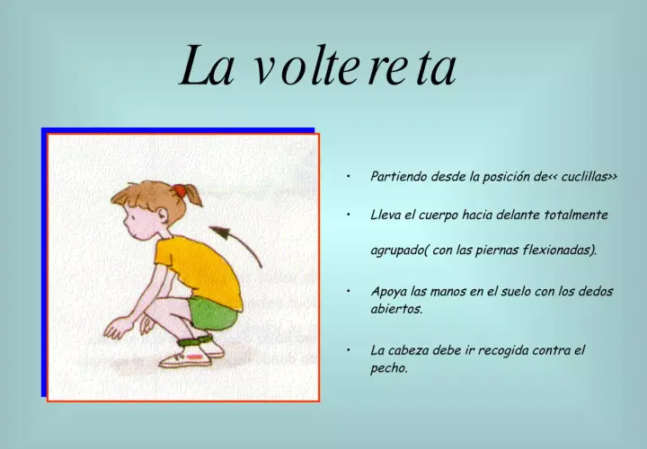 Ilustración de cómo hacer volteretas niños: un niño en cuclillas, listo para rodar.