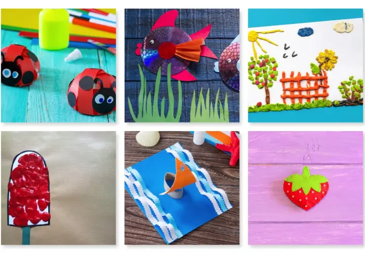 Manualidades para actividades infantil verano: mariquitas de papel, pez con CD, paisaje de plastilina, helado, barco y fresa.