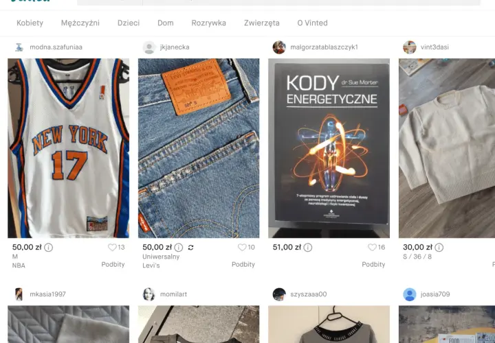 Sprzedaż ubrań używanych przez internet: koszulka NBA, jeansy Levi's, sweter.