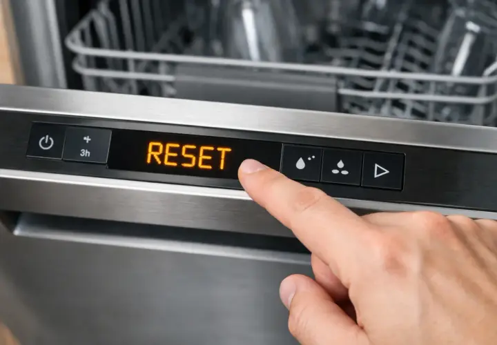 Palec naciska przycisk "RESET" na panelu zmywarki Beko. Nie ma tu bezpiecznika, ale reset pomoże rozwiązać problemy.