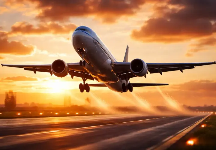 Avión despegando al atardecer, listo para un viaje con aerolíneas low cost.