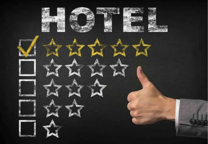 Ocena hotelu: zaznaczony jeden z pięciu symboli gwiazdek, reszta pusta. Kciuk w górę.