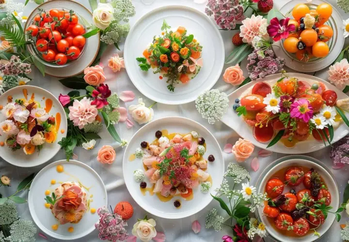 Un magnifique **entrée mariage repas** floral, avec des assiettes de mets colorés et des fleurs fraîches.