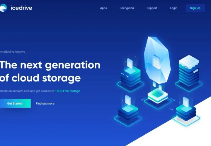 Icedrive: la próxima generación de almacenamiento en la nube, con 10GB gratis. Diseño futurista con cristales y servidores.