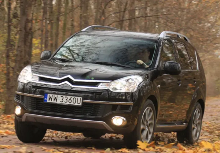 Czarny Citroën C-Crosser na drodze wśród jesiennych liści.