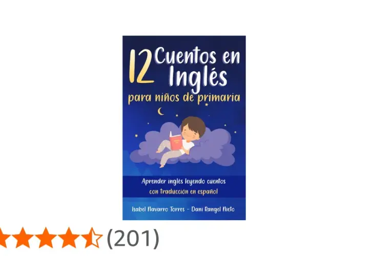 Un niño lee cuentos en inglés sobre una nube estrellada. El libro "12 Cuentos en Inglés para niños de primaria" ayuda a aprender inglés con traducción.