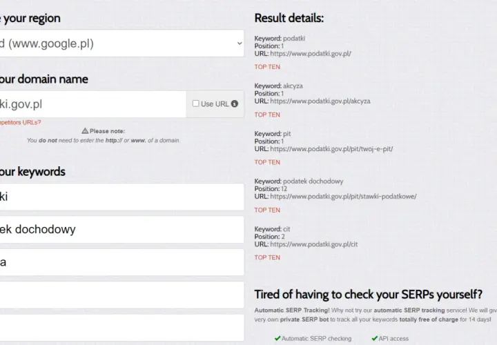 Wyniki wyszukiwania dla "podatki" pokazują, jak być widocznym w Google. Domena podatki.gov.pl zajmuje czołowe pozycje.