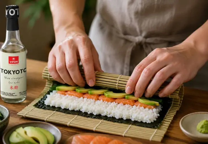 Ręce zwijają sushi z łososiem i awokado na macie bambusowej. Obok butelka octu ryżowego do sushi.