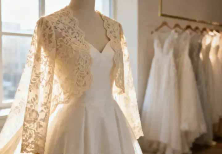 Elegancka koronkowa narzutka na sukienkę to idealna odpowiedź na pytanie, co założyć na sukienkę na wesele jesienią. W tle inne suknie ślubne.