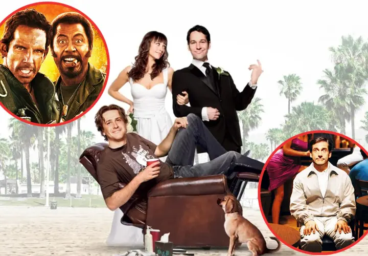 En samling scener från roliga komedi filmer med skådespelare som Ben Stiller, Robert Downey Jr., Paul Rudd, Rashida Jones och Steve Carell.