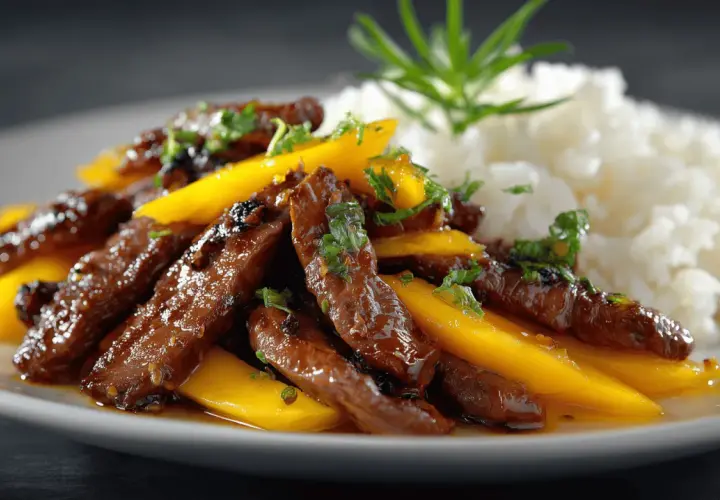 Aiguillettes de canard sauce aigre-douce avec mangue et riz blanc. Quel accompagnement avec des aiguillettes de canard ? Le riz et la mangue sont parfaits !