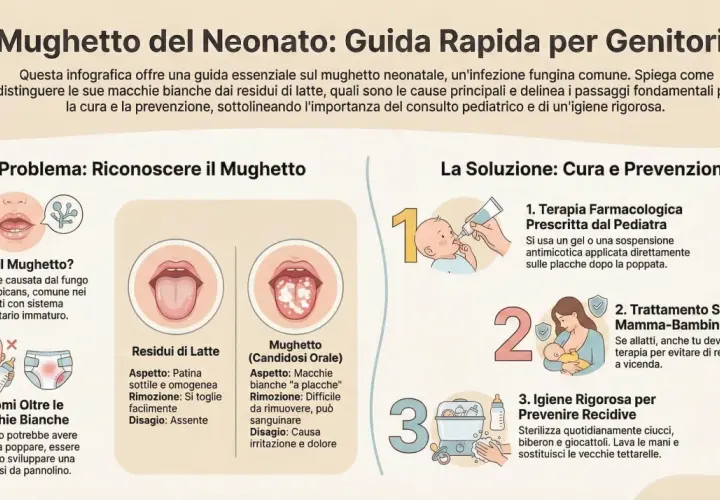 Guida rapida sul mughetto neonatale: come riconoscerlo, curarlo e prevenirlo. Immagini mostrano bocca sana, residui di latte e mughetto.