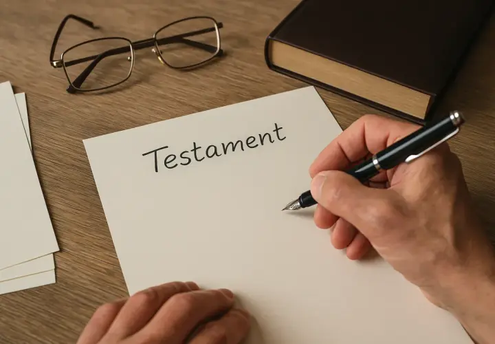 Dłoń pisze piórem na dokumencie z napisem "Testament". Obok leżą okulary i gruba księga. Ostatnia wola zmarłego spisana.