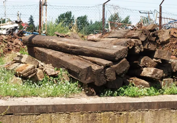 Stare, spróchniałe drewniane podkłady kolejowe leżą na hałdzie, otoczone zielenią i drobnymi białymi kwiatami.