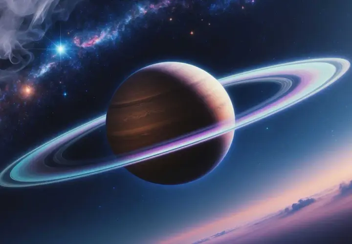 Saturn w Bliźniętach, majestatyczny gazowy olbrzym z pierścieniami, unosi się w kosmicznej mgławicy.